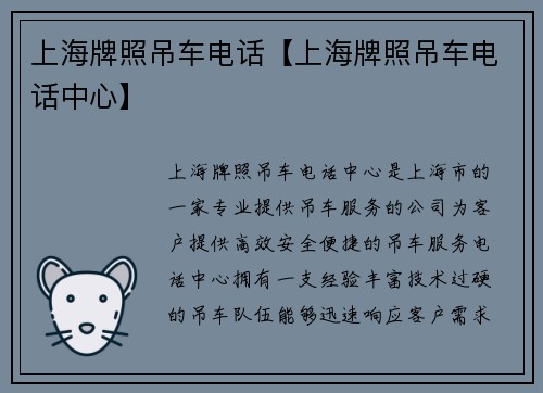 上海牌照吊车电话【上海牌照吊车电话中心】