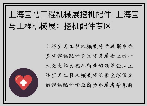 上海宝马工程机械展挖机配件_上海宝马工程机械展：挖机配件专区